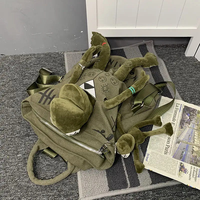 Men's Trendy Cool Graffiti Canvas Backpack Man Original Street Fashion Frog Doll School Bag Unisex Casual Backpack