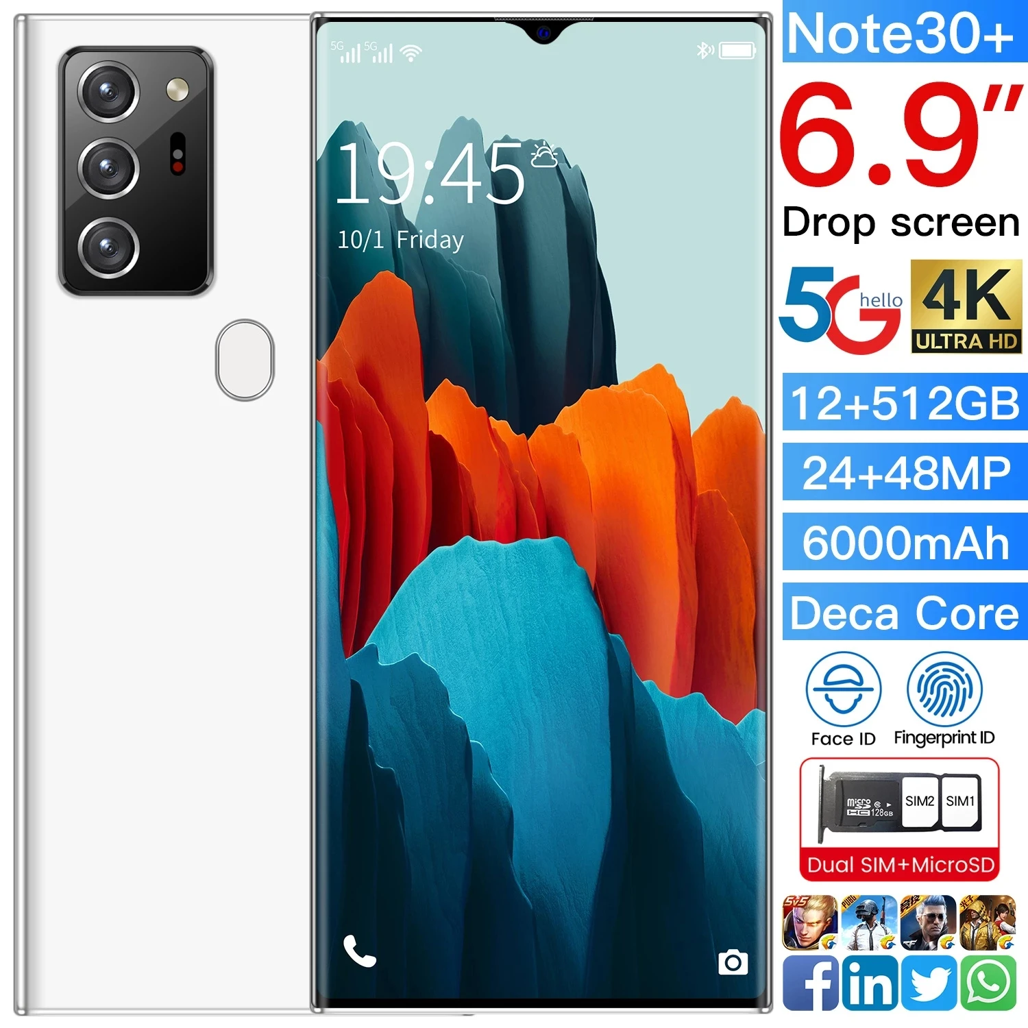 

Hot Sale Galax Note30+ 6.9Inch Smartphone Global Version 12GB 512GB 6000mAh Snapdragon 888 Android10 Face ID Cellphone