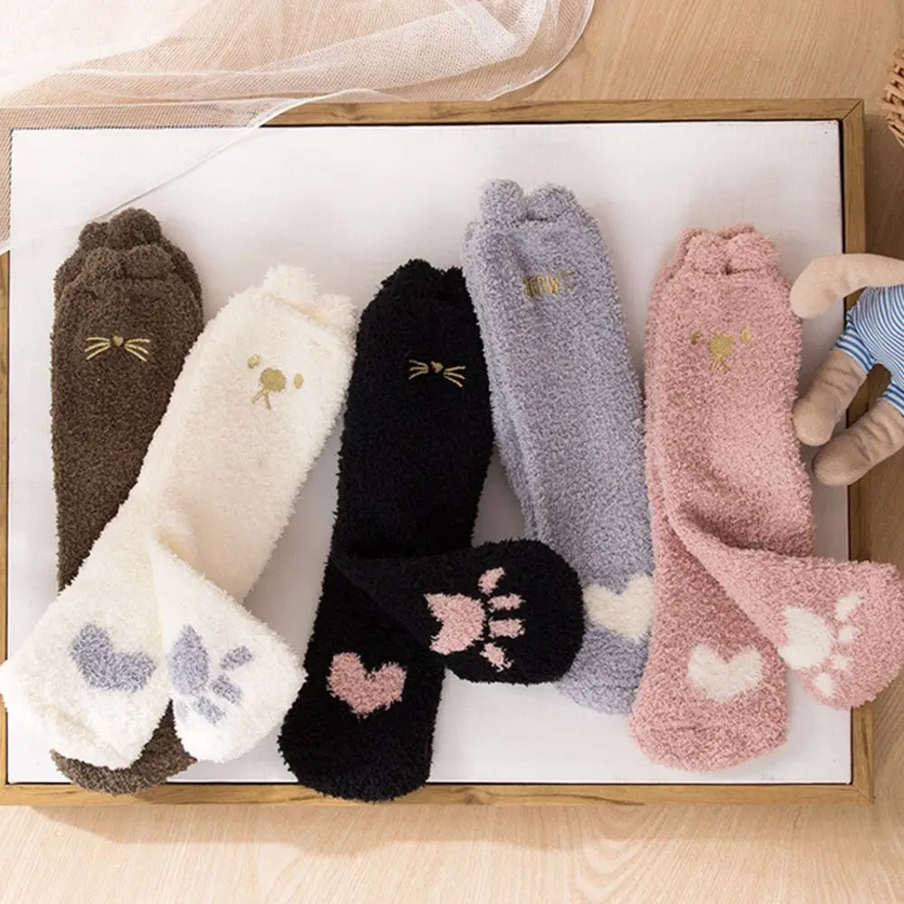 Fashion Women Thicken Warm Coral Fleece Socks Embroidery Cute Cat Beard Fluffy Ears Tube Floor | Женская одежда