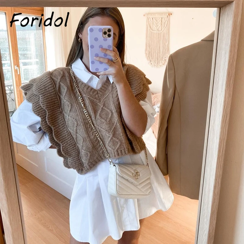 

Foridol Knitted Sweater Vest Women Ruffle Vintage Sleeveless V Neck Brown Waistcoat Thick Autumn Winter Twist Vest Pullover 2022