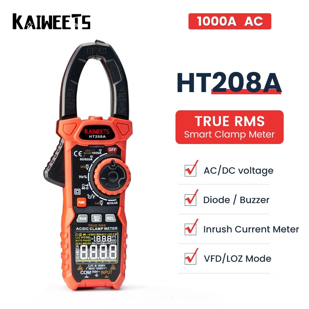 

KAIWEETS HT208A Digital Clamp Meter Multimeter Pinza Amperimetrica True RMS High Precision Capacitance NCV Ohm Hz Tester