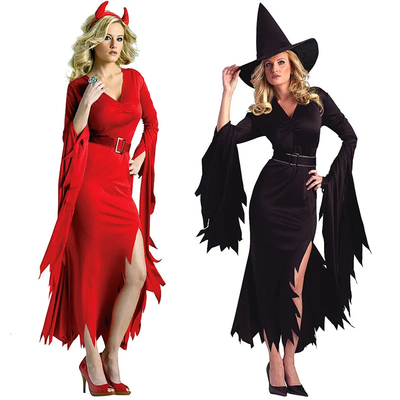 Для взрослых женщин Хэллоуин Красный Дьявол черная ведьма косплей костюм