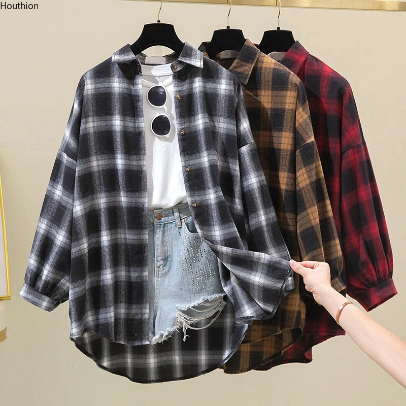 

Houthion шифоновые женские блузки весна/лето Модная Повседневная Новая клетчатая блузка корейский Топ с длинным рукавом Ретро Женская рубашка