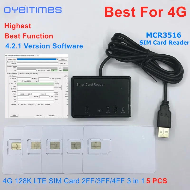 OYEITIMES MCR3516 SIM Card Reader+5PCS 2FF/3FF/4FF Programmable SIM Card Blank LTE WCDMA GSM USIM 4G Cards + 4.2.1 Ver. Software