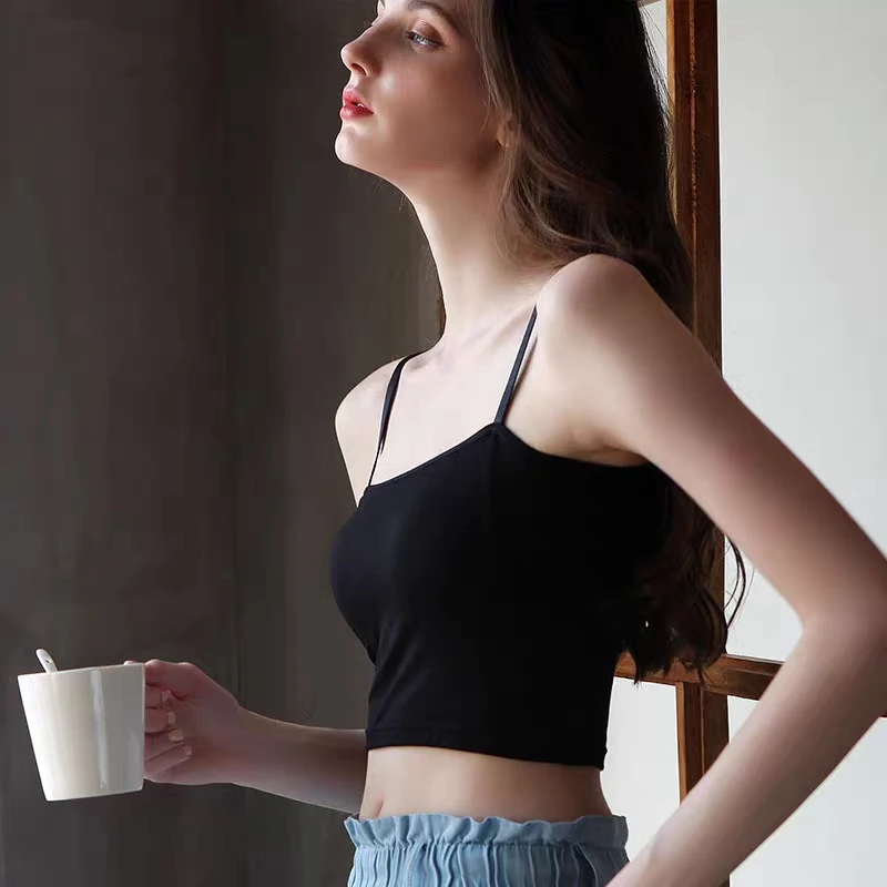 

Basic Fitness Running Spaghetti Strap Pure Cotton Elastic Black White Camisole Beach Cropped Sun Top Tank Tops Base Wholesale