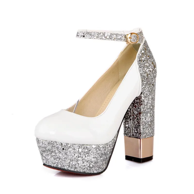 

Patent leather shallow mouth shoes, one button waterproof high heel thick heel shoes, women's shoes