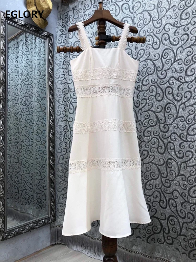 

2021 Summer Fashion Strap Dress High Quality Women Hollow Out Lace Patchwork Midi Party Sexy White Strap Party Club Dress Robe