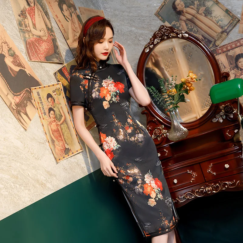 

Китайское платье, черные вечерние платья Qipao, атласное платье-Ципао для косплея в китайском стиле, традиционные костюмы, платье