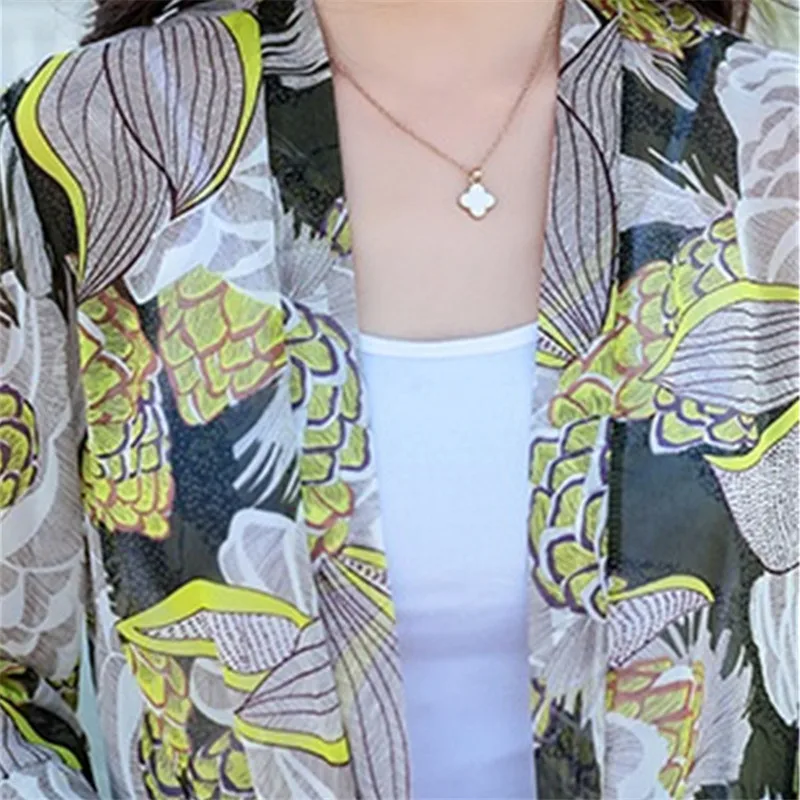 Summer 2022 Casual 3/4 Sleeve Floral Print Cardigan Chiffon Thin Sunscreen Coat Women Mid-length Beach Sun Protection Shirts | Женская