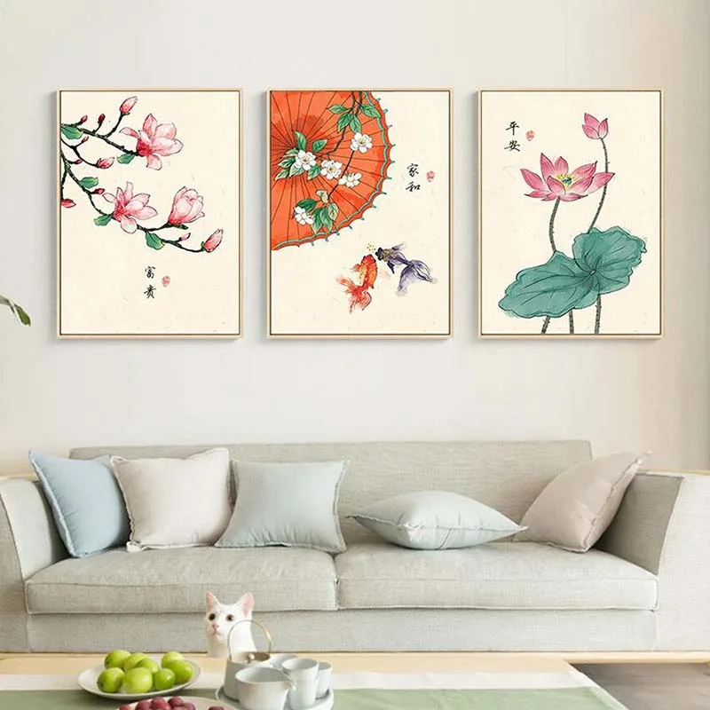 

Fashion Poster Chinese Retro Lotus Magnolia Plant Flower Goldfish Mural Living Room Background Home Decoration Canvas Wall Art