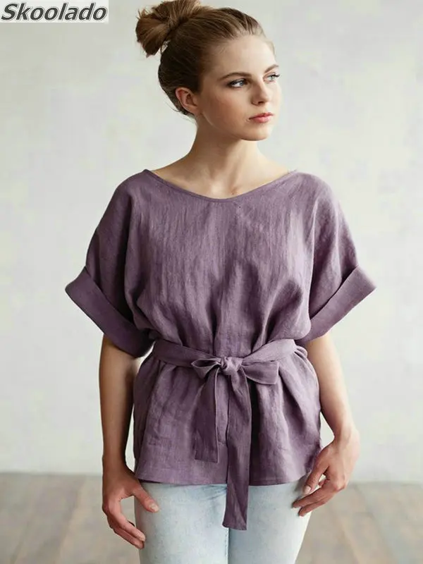 

Блузка женская однотонная с поясом, модная облегающая Удобная рубашка с коротким рукавом, с зарубежным поясом, лето