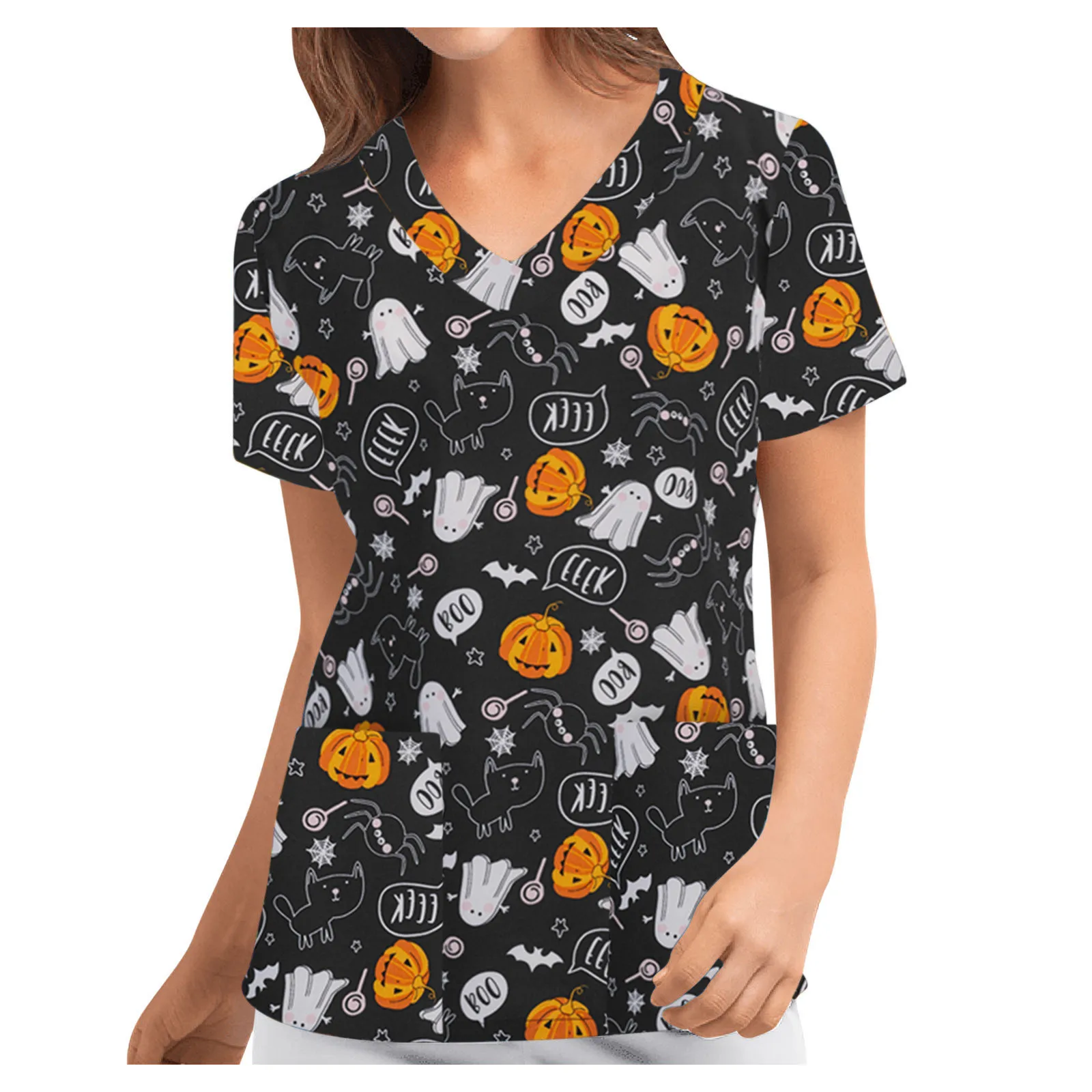 

Halloween Women Working Uniform Blouse Shirt 2021 Summer Plus Size Short Sleeve V-neck Cartoon Panda Print Nurse Uniform Blouse