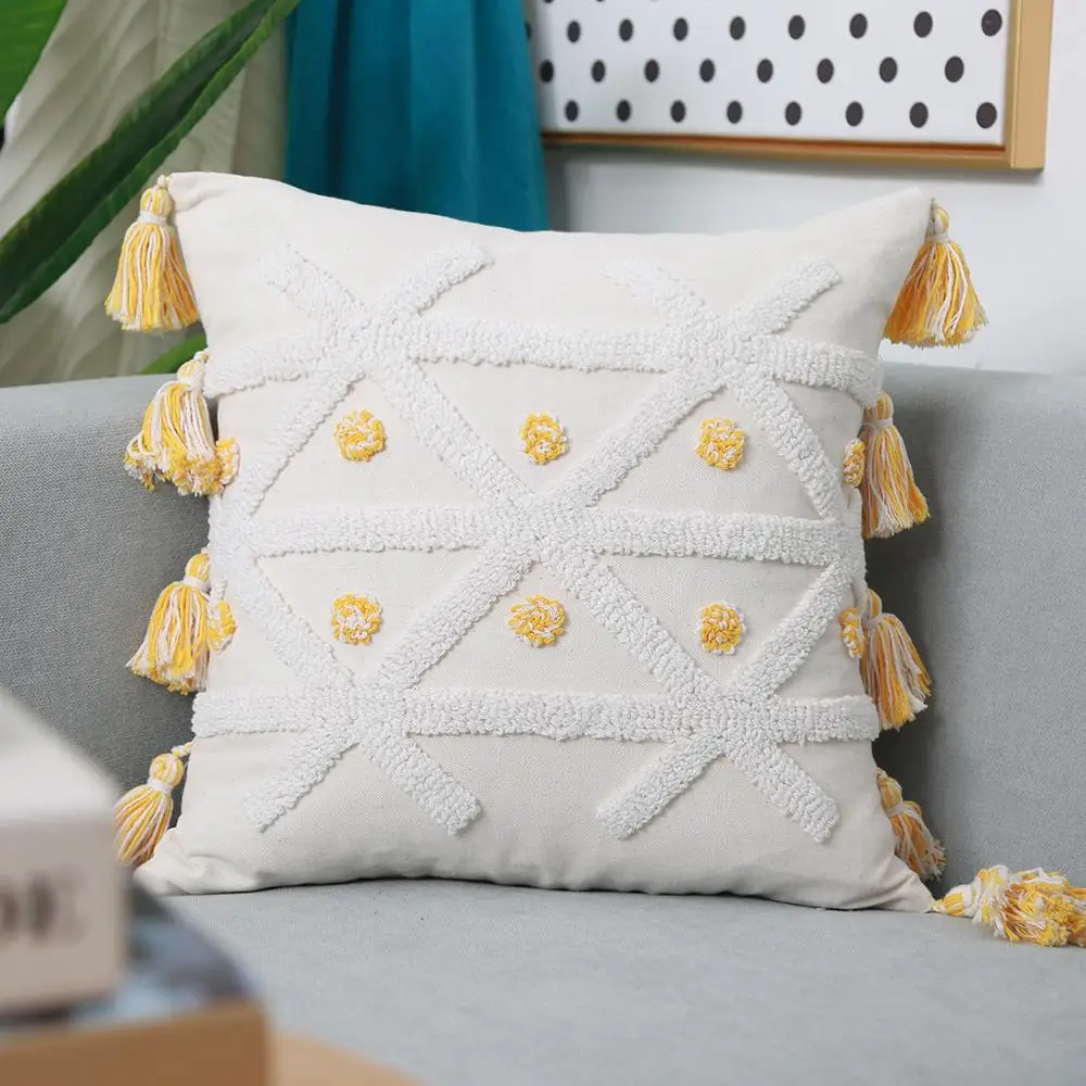 

Yellow Ivory cushion cover 45x45cm/30x50cm pillow cover Tufed Boho Style Tassles for Home decoration For Living Room Bedroom