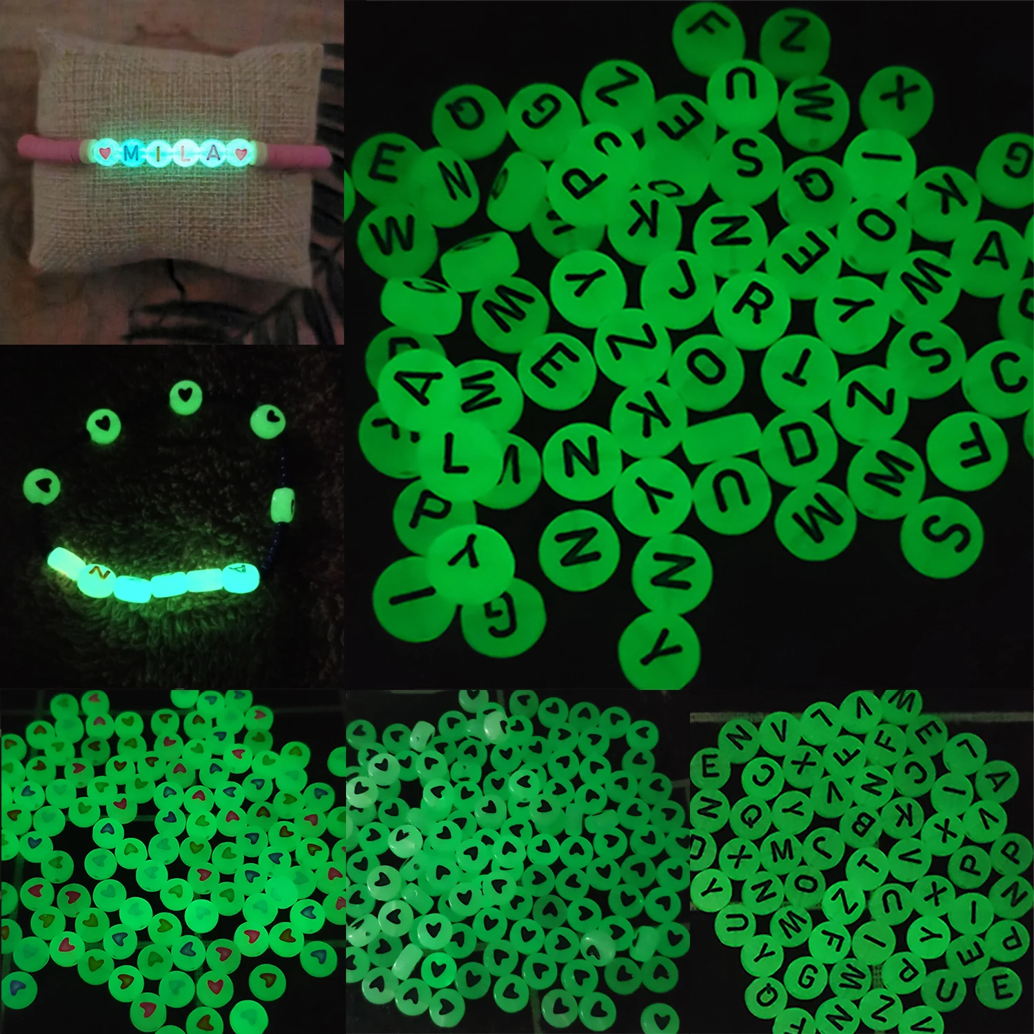 

100pcs Glow In The Dark Mixed Acrylic Heart Letter Bead Flat Round Luminous Spacer Beads For Jewellery Making DIY Charm Bracelet