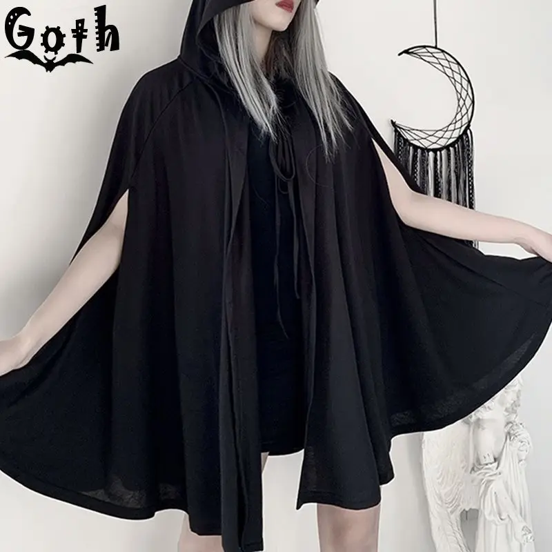 Gothic Black Cloak Women Hooded Cape Coat Lace Up Summer 2020 Shawl Party Casual Streetwear Female Capes |