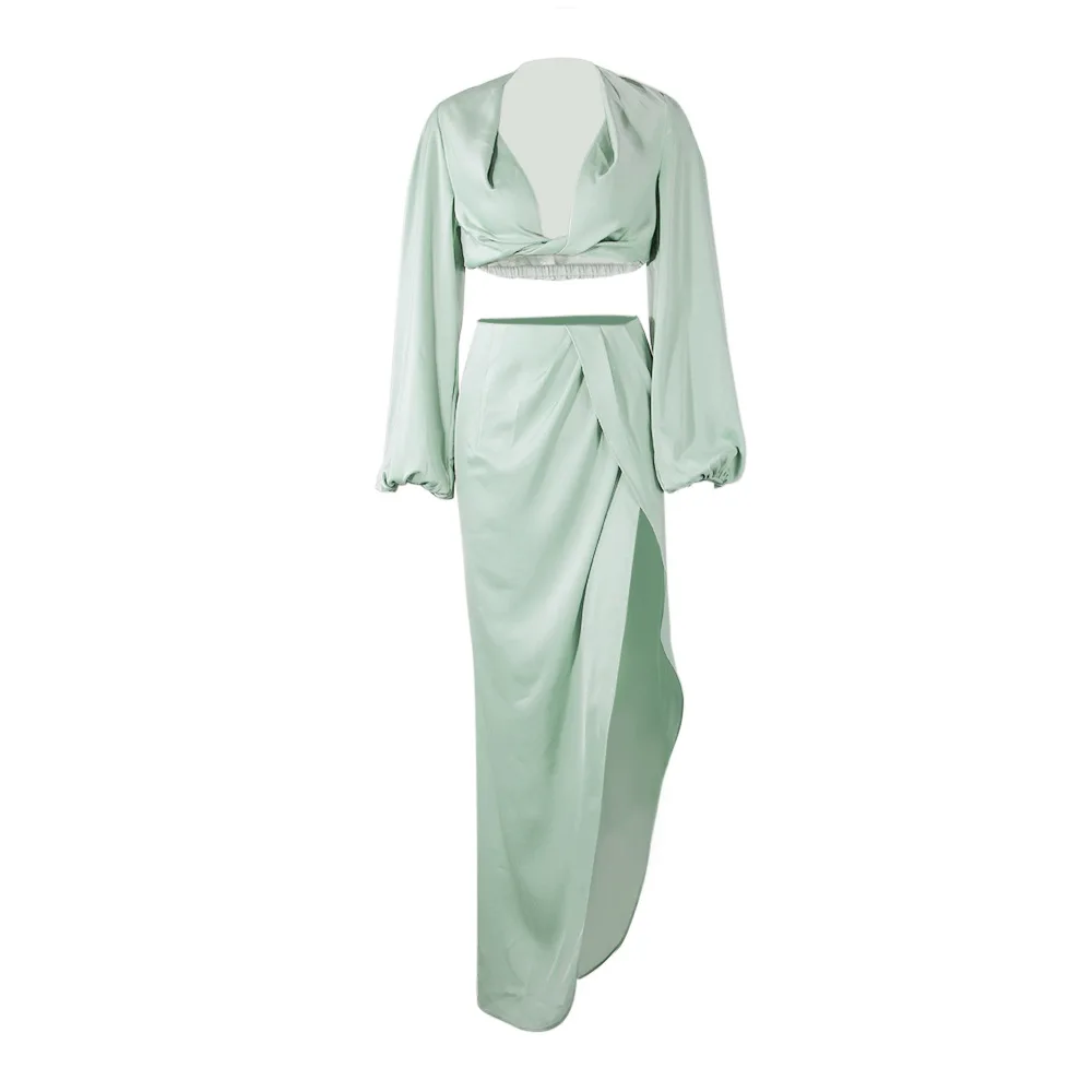 

Satin Deep V Neck Long Sleeve Crop Top and High Slit Skirt Two Pieces Set Women Fashion Party Club Outfits Sexy Matching Sets