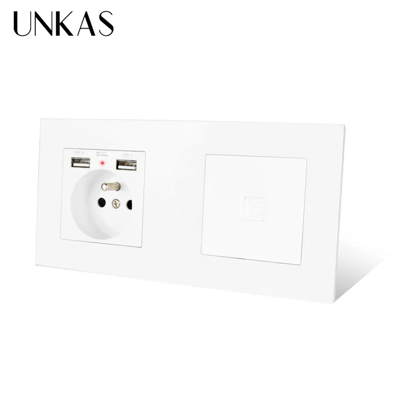 Французская стандартная электрическая розетка UNKAS с 2 USB-портами для зарядки + 1