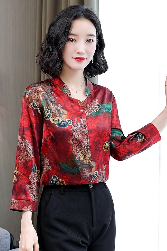 

Houthion Silk Women's Blouses Buttons Shirt New Slim Retro Blouse Floral Spring/autumn Fashion Long Sleeve Top