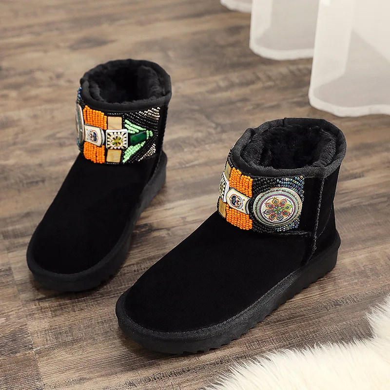 2020 Warm Women Snow Boots Fashion Beaded Ankle Woman Genuine Leather 100% Natural Wool Winter | Обувь