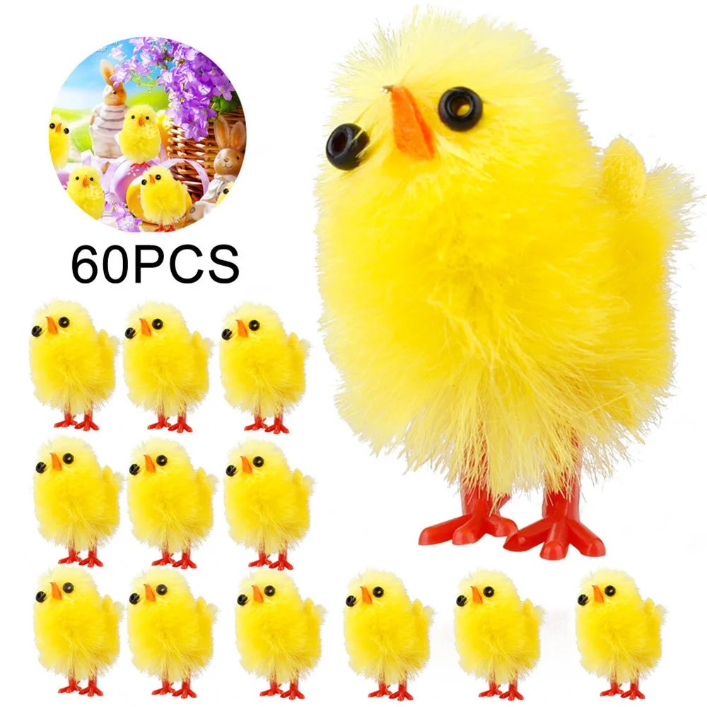 

60pcs Easter Mini Fluffy Chicks Plush Chicken Figures Figurines Cake Toppers Farm Animal Statues Table Decorations Toy Ornaments