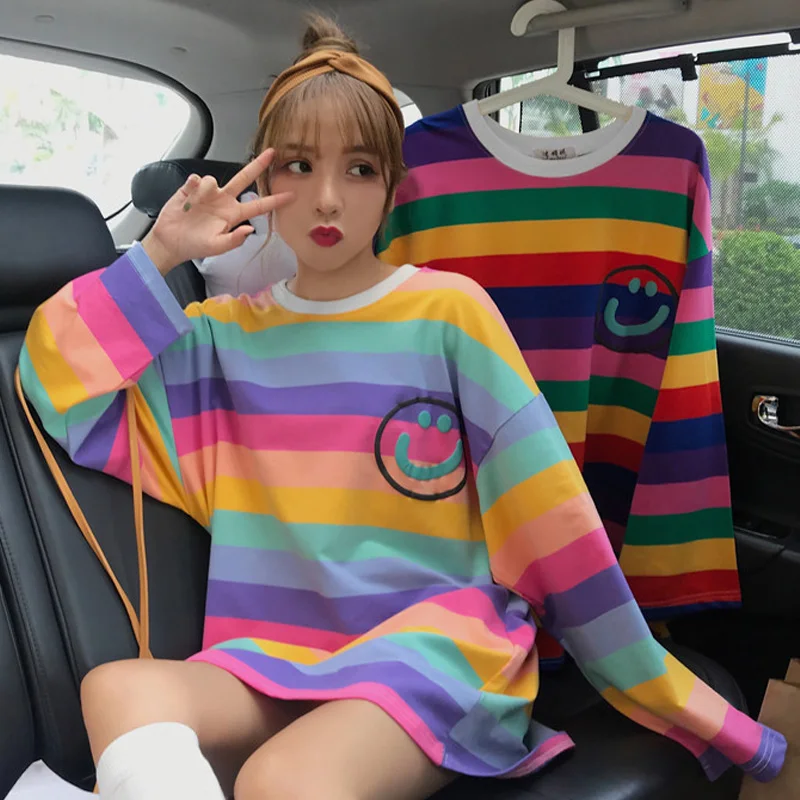 

korean style autumn big size T-shirt for Female Ulzzang cute Rainbow stripes T Shirts fashion loose Women Tops O-Neck Tee Shirt