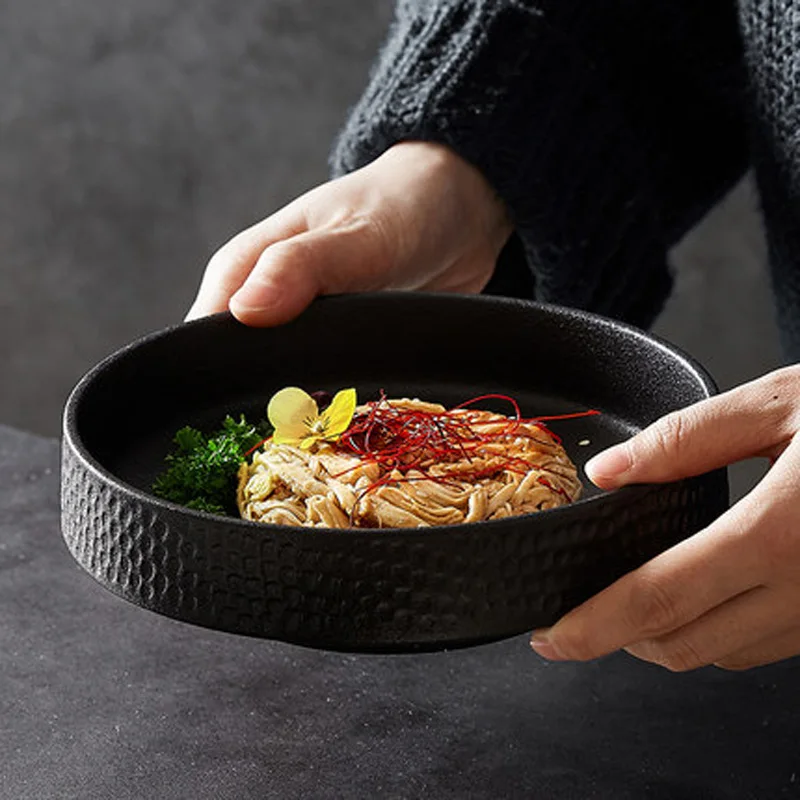 

African Night Japanese Frosted Salad Deep Plate Retro Rice Bowl Hammer Pattern Shallow Mouth Pasta Plate Western Restaurant Plac