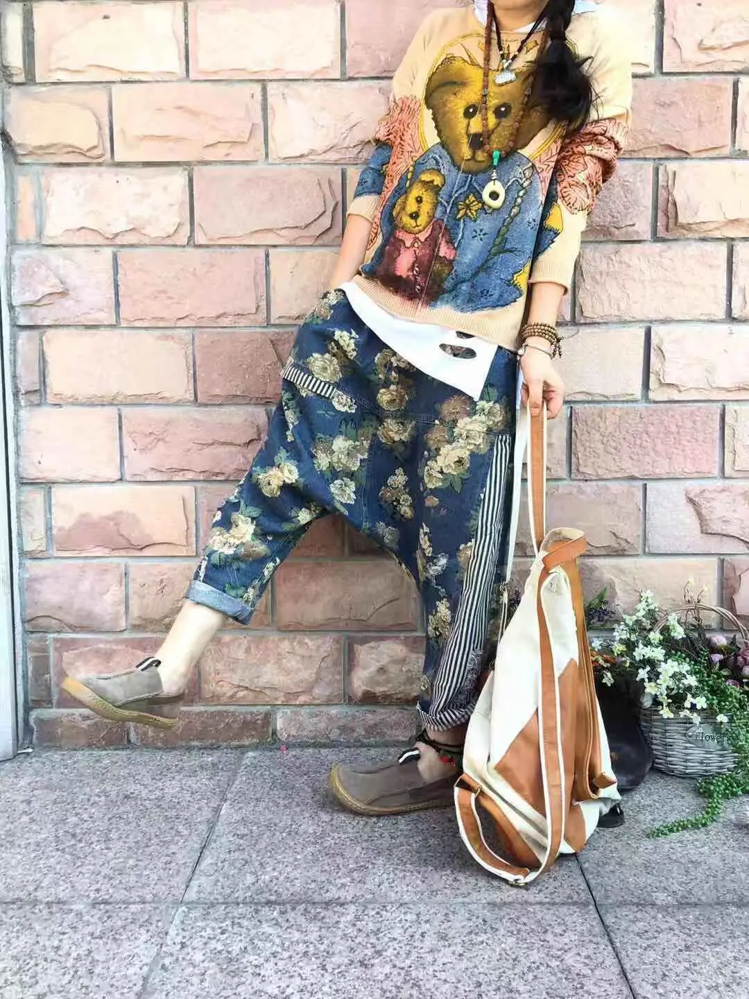 Women Baggy Low Crotch Denim Pants Patchwork Harem jeans Printed hip hop street dance cowboy Trousers Boyfriend Bloomers Joggers