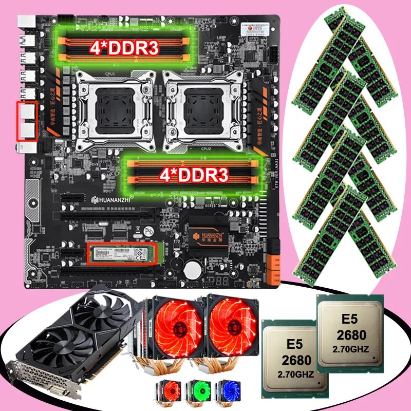 HUANANZHI X79 8D материнская плата с M.2 128G SSD видеокарта GTX1050TI 4G двойной ЦП Xeon E5 2680