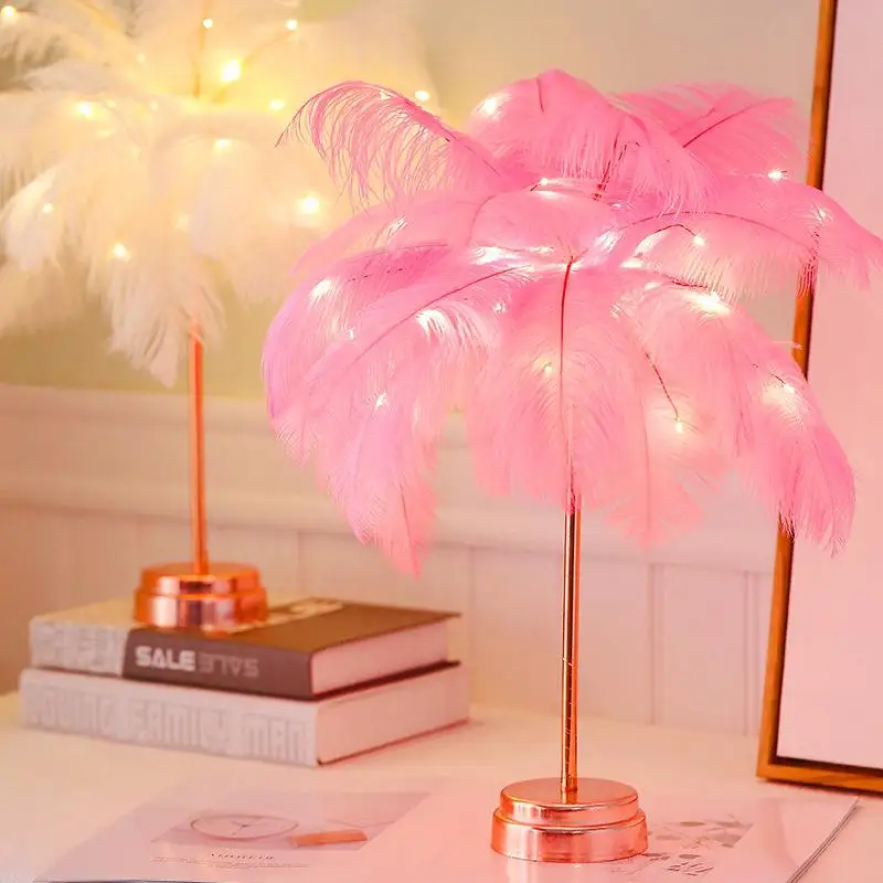 

48cm Feather Table Lamp USB Rechargerable Tree Shape LED Lights Decorative Flashing Lamp 5V Night Light Lamps For Bedroom