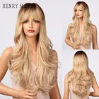 Длинные волнистые синтетические парики с эффектом омбре, блонд, коричневый, с челкой, натуральный парик для женщин, Косплей парики из натуральных волос для вечеринки, термостойкие