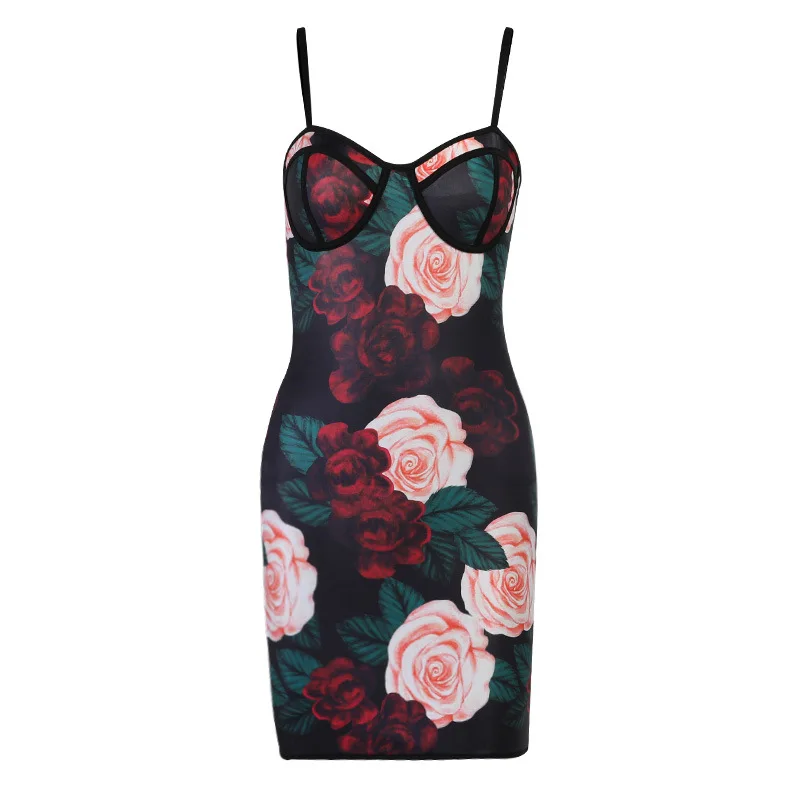 

Rose Flower Print Women Spaghetti Dress Mesh Deep-V Sexy Bodycon European Evening Party Night Club Ladies Maxi Dress Vestidos