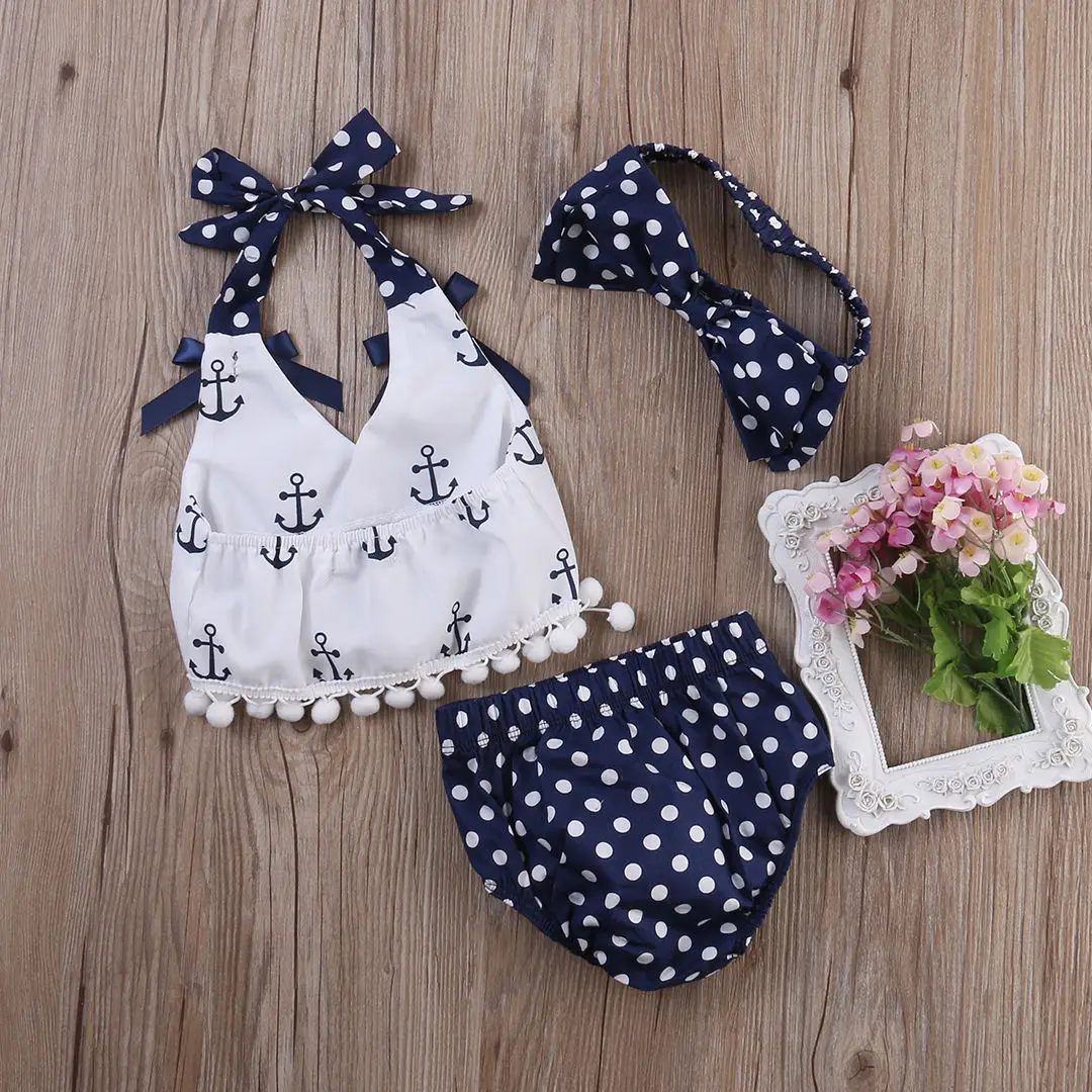 

Toddler Infant Baby Girls Clothes Anchors Tops Shirt Polka Dot Briefs Head Band 3pcs Outfits Set