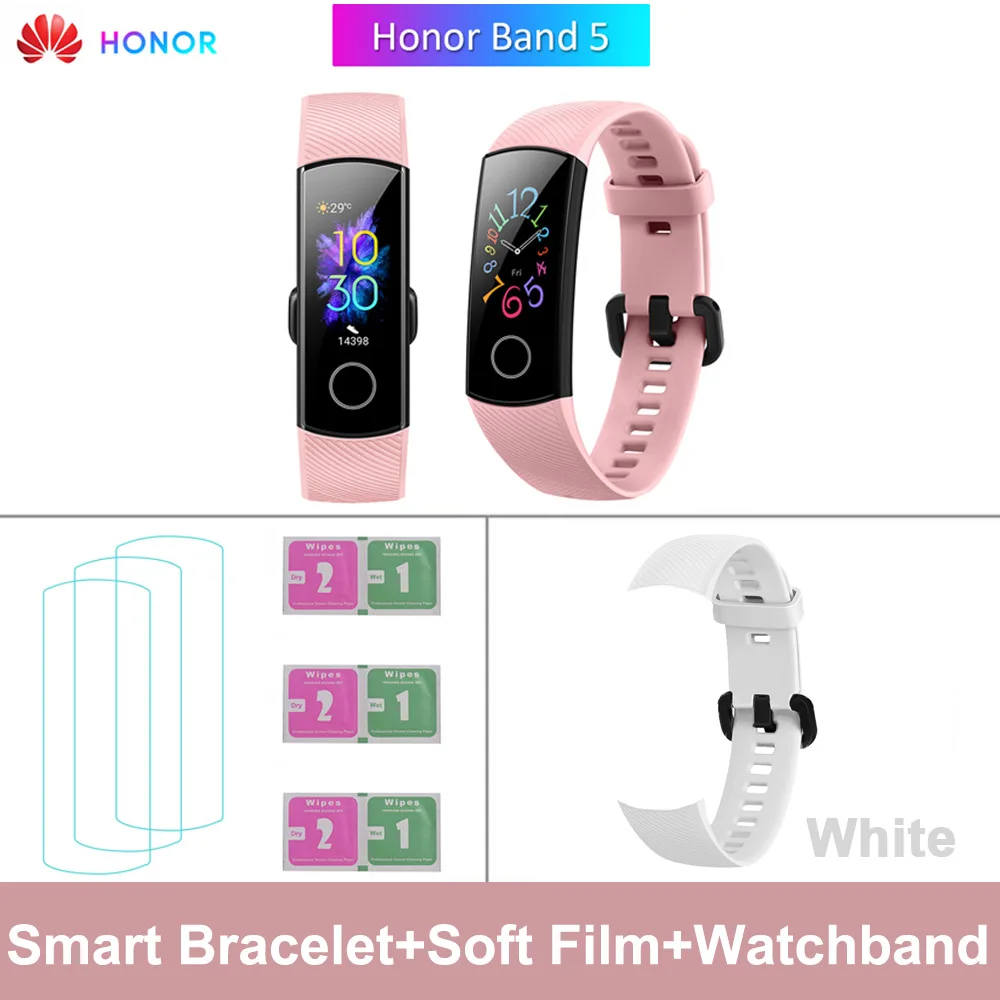 Pink add White Strap HONOR Band 5 фитнес умный Браслет мониторинг сердечного ритма 5 АТМ водонепроницаемый плавающий Bluetooth 4,2 смарт часы наручные часы - Цвет: Pink add White Strap