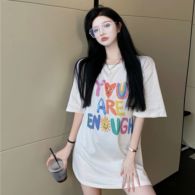 

Красочная женская футболка с круглым вырезом, коротким рукавом, повседневные винтажные Рубашки, Топы, Корейская свободная уличная одежда в ...