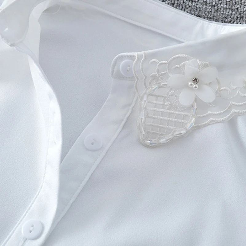 

Women Embroidery Lace Chiffon White Lapel Half-Shirt Blouse Sweet Rhinestone Flower Beading Jewelry Fake Collar Dickey