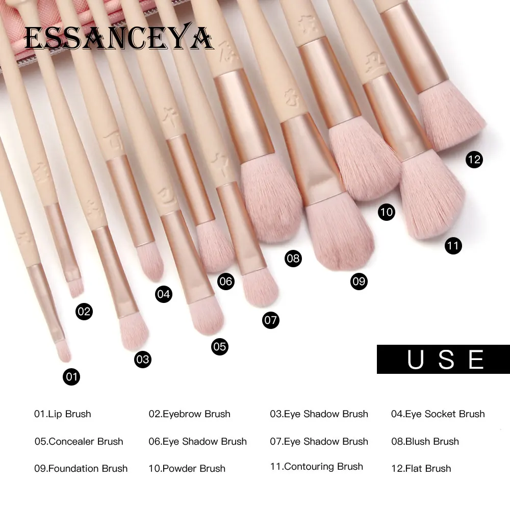 Набор кистей для макияжа ESSANCEYA набор из 12 розовая основа губ тени век румяна пудра