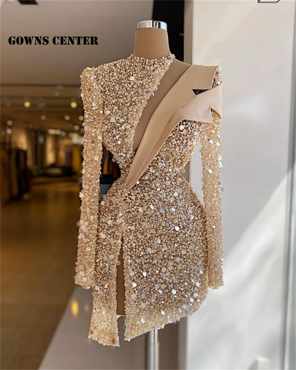 

Elegant Sparkly Mermaid Long Sleeve Short Prom Dresses Luxury 2022 Mini Cocktail Dress Homecoming Gowns Tea Party Gown robe