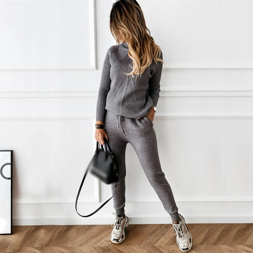 2021 Autumn Winter Women's tracksuit Solid Color Striped Turtleneck Sweater and Elastic Trousers Suits Knitted Two Piece Set