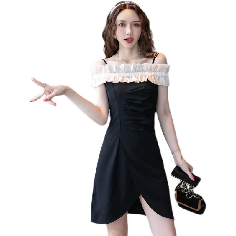 

COIGARSAM Sexy Sleeveless Women dress Summer Slash neck Long Dresses Black 9110
