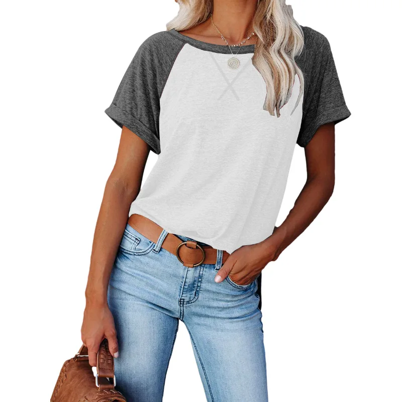 

Europe and the United States the new summer joker female coat color matching cross loose leisure T-shirt with short sleeves