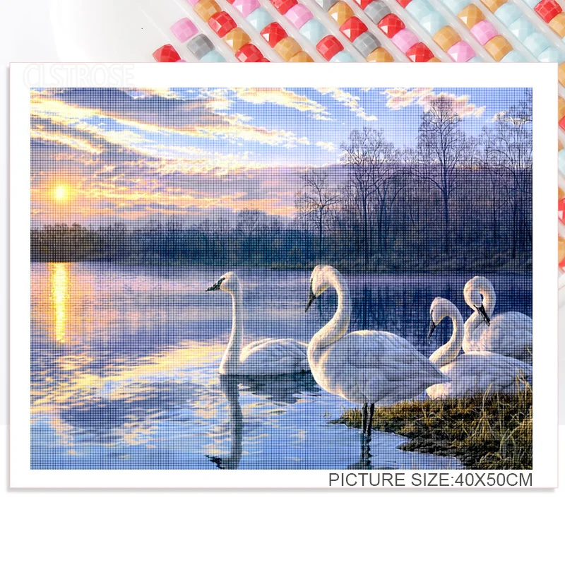 

Living Room Bedroom Wall Decoration Diamond Painting Woods In The Clear Lake Swans Playing In The Water Pattern Background Art