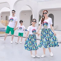 fashion family matching outfits summer 2021 mommy and me beach clothing set white tshirts and print skirts sets dad son clothes