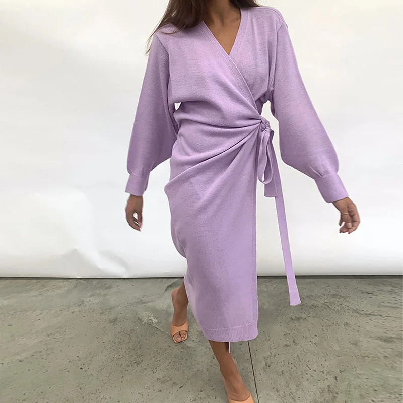 

New Sexy Tie Slim Slim Slit Elegant Skirt V Neck Sweater Cardigan Casual Party Dress Women