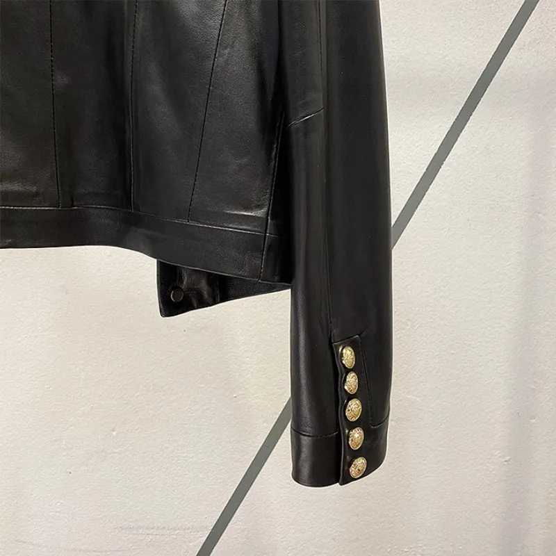 

High Quality Real Sheepskin Coat Office Ladies Elegant Cardigan Jacket 2021 Women Slim Fit O-Neck Genuine Leather Short Jackets