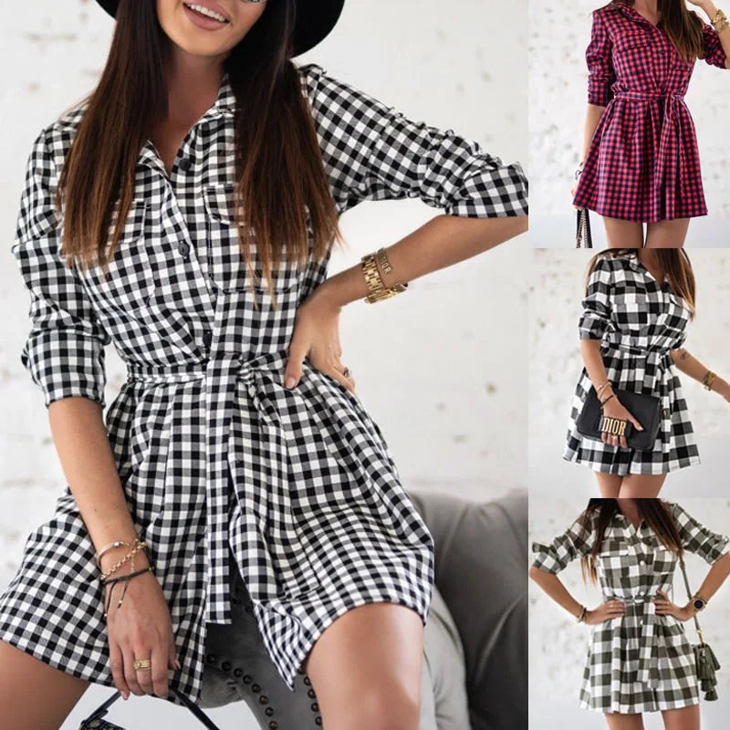 

Kiss Me Women'S Clothing Autumn Casual Plaid Print Dress Long Sleeve High Waist A-Line Dresses Fashion Belt Ladies Mini Dress