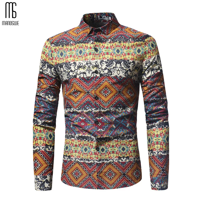 Manoswe мужская рубашка гавайская геометрический принт Повседневная с длинными