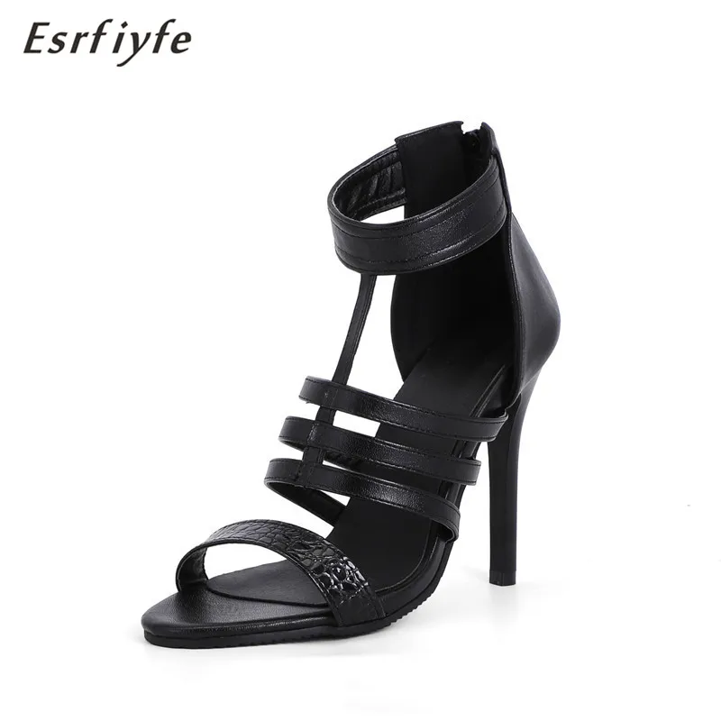 

ESRFIYFE 2021 new summer sexy Snakeskin grain women sandals thin heel high heels open toe shoes woman balck large size 34-48