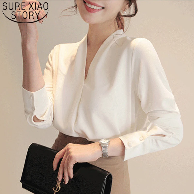 Женские рубашки с длинным рукавом однотонная белая шифоновая офисная блузка