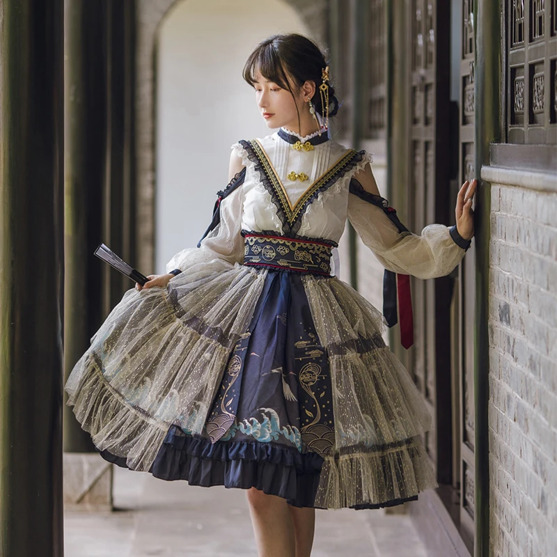 Chinesischen stil süße lolita nette adrette stil Hanfu retro viktorianischen kleid spitze schleier druck kawaii mädchen loli cos lolita kimono