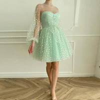 2022 latest mint green homecoming dresses short cocktail gowns high neck long sleeves party dresses knee length bow belt